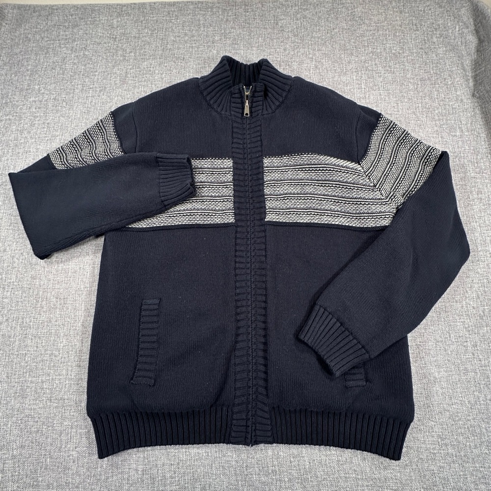 Garret Scott Full Zip Sweater Men XL Navy Blue Sherpa Lined Striped Knit Shacket